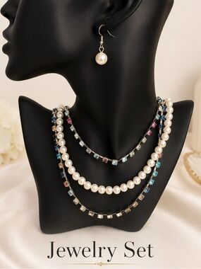 Pearl & Multicolor Crystal Layered Necklace Set with Pearl Drop Earrings